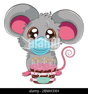 Fumetto kawaii anime mouse grigio o ratto in maschera facciale con torta di cioccolato disegno. Illustrazione Vettoriale