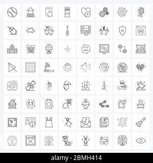 64 Universal Line Icon pixel Perfect simboli di amore, cuore, istituzione, luci fiamma, fuoco Vector Illustrazione Illustrazione Vettoriale