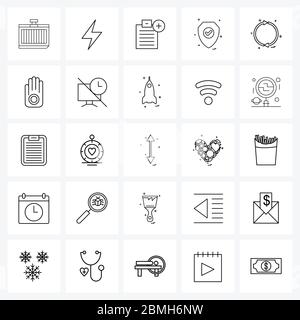 25 Set di icone della linea di interfaccia di simboli moderni su freccia, sicurezza, clip, protetto, schermo illustrazione vettoriale Illustrazione Vettoriale