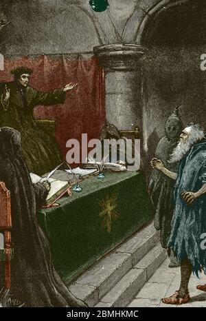 Inquisition et Ejusion des juifs d'Espagne : un juif espagnol devant le Grand inquisiteur vers 1492 au moment de la publication du decrett de l'Alham Foto Stock