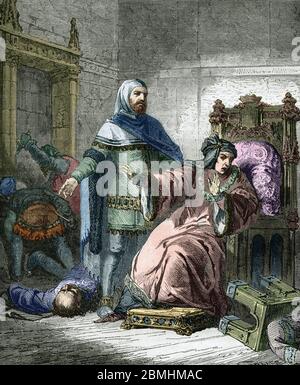 Guerre de Cent ans : 'le dauphin Charles (puis Charles V) (1338-1380) (Premier dauphin de France) et Etienne Marcel (1302/1310-1358) qui fait assassin Foto Stock