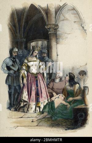 "La piete de la reine Blanche de Castille (1188-1252) vivace aux familles pauvres" (Regina Blanche di Castiglia in visita alle famiglie povere) Litogra Foto Stock