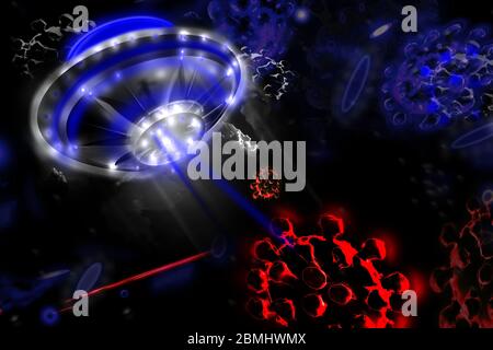 Oggetto volante non identificato con coronavirus SARS-cov-2. Concetto di epidemia globale di Covid-19 o teoria della panspermia. Foto Stock