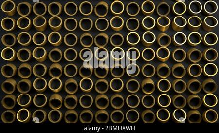 rappresentazione 3d di immagini astratte di tubi dorati o cilindri su sfondo nero. Illustrazione perfetta per posizionare il testo o l'oggetto. Sfondo con Foto Stock