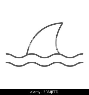 Icona a linea sottile di squalo, oceano e predatore, grafica vettoriale pericolosa di segno di pesce, un'icona lineare su sfondo bianco, eps 10. Illustrazione Vettoriale