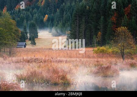 Misty mattina al Lago Geroldsee vicino Garmisch-Partenkirchen, Baviera, Germania. Foto Stock