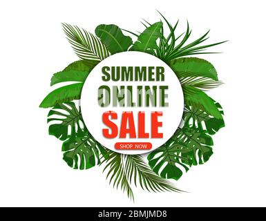 Offerta estiva online. Acquista ora. Banner sullo sfondo delle foglie di palma. Illustrazione vettoriale Illustrazione Vettoriale