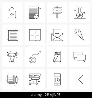 Confezione da 16 icone universali per applicazioni Web: Matraccio, bicchiere, sottile, segno, illustrazione vettore passato Illustrazione Vettoriale