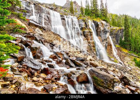 Sette veli cade sul sentiero litorale nell area alpina del lago O'Hara nelle Montagne Rocciose Canadesi del Parco Nazionale di Yoho, British Columbia, Canada. Foto Stock