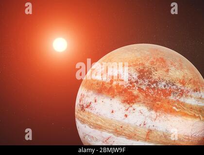 Giove rosso come pianeta di fiction nello spazio esterno con il sole che sale da vicino. Illustrazione del rendering 3D. Elementi dell'immagine sono stati forniti dalla NASA Foto Stock