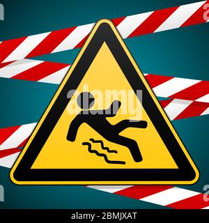 Attenzione - pericolo attenzione alla scivolosità. Cartello di sicurezza. Triangolo di avvertimento e bande di avvertimento incrociate. Design industriale. Vettore Illustrazione Vettoriale