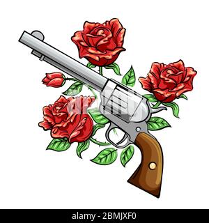 Pistola revolver e fiori di rosa disegnati in stile tatuaggio. Illustrazione vettoriale. Illustrazione Vettoriale