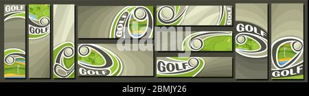 Set vettoriale di banner da golf, modelli decorativi verticali e orizzontali per eventi di golf con illustrazione del campo sportivo e volo su curva traj Illustrazione Vettoriale