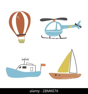 Set di cartoni animati carini e automobili in stile giocattolo e altri trasporti, camion, taxi, camion antincendio, nave, escavatore, autobus, mongolfiera. Illustrazione del vettore isolato. Illustrazione Vettoriale