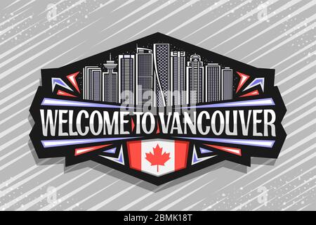 Logo Vector per Vancouver, badge decorativo nero con illustrazione della linea del paesaggio della città di vancouver su sfondo cielo crepuscolo, art design frigo magnete con Illustrazione Vettoriale