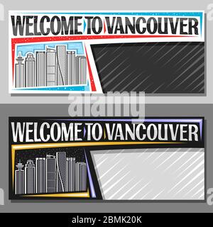 Layout vettoriali per Vancouver con spazio per copie, voucher decorativo con illustrazione della linea del paesaggio cittadino di vancouver di giorno e sfondo cielo crepuscolo, art de Illustrazione Vettoriale