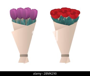 Due mazzi con fiori freschi. Rose rosse e tulipani viola. Isolato su sfondo bianco. Illustrazione vettoriale. Illustrazione Vettoriale