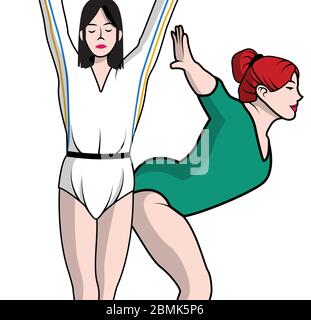 due donne ginnastica in collant bianco e verde, vettore, illustrazione Illustrazione Vettoriale