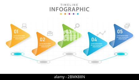 Modello infografico diagramma della timeline moderna a 5 fasi con grafico a linee. Illustrazione Vettoriale