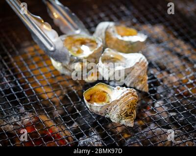 Turban Shell grigliare su un piano cottura Chacoal caldo. Campo di pesce fresco presso Ama Divers' Hut, barbecue giapponese di pesce. Foto Stock