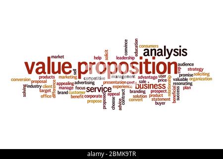 Concetto di cloud di parole con proposta di valore su sfondo bianco Foto Stock