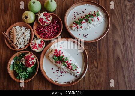 Chiles en Nogada e ingredienti, Cile Poblano tradizionale cibo messicano a Puebla Messico Foto Stock