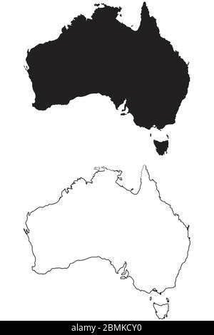 Mappa del Paese dell'Australia. Silhouette e profilo neri isolati su sfondo bianco. Vettore EPS Illustrazione Vettoriale