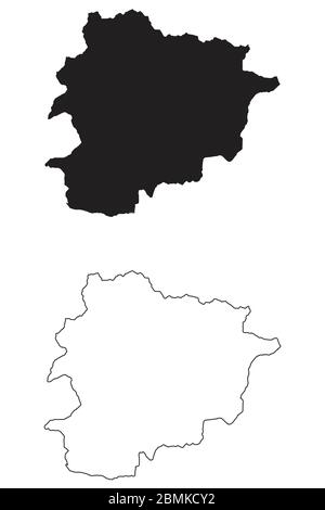 Andorra Mappa di Paese. Silhouette e profilo neri isolati su sfondo bianco. Vettore EPS Illustrazione Vettoriale