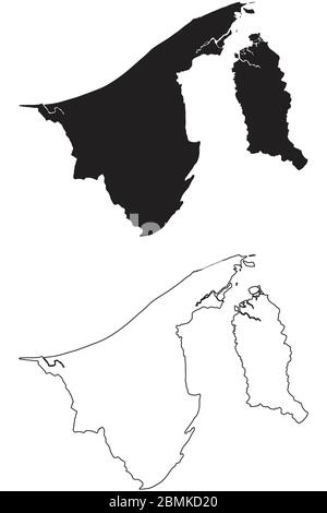 Brunei Mappa Paese. Silhouette e profilo neri isolati su sfondo bianco. Vettore EPS Illustrazione Vettoriale