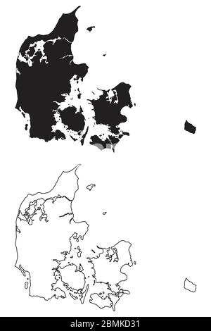 Danimarca Mappa dei Paesi. Silhouette e profilo neri isolati su sfondo bianco. Vettore EPS Illustrazione Vettoriale