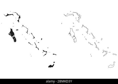 La mappa di Bahamas. Silhouette e profilo neri isolati su sfondo bianco. Vettore EPS Illustrazione Vettoriale