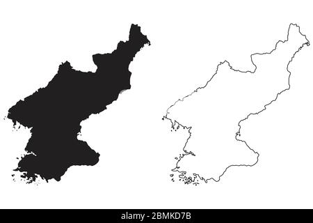 Mappa dei Paesi della Corea del Nord. Silhouette e profilo neri isolati su sfondo bianco. Vettore EPS Illustrazione Vettoriale