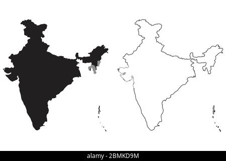 Mappa del Paese dell'India. Silhouette e profilo neri isolati su sfondo bianco. Vettore EPS Illustrazione Vettoriale