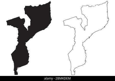 Mappa Paese Mozambico. Silhouette e profilo neri isolati su sfondo bianco. Vettore EPS Illustrazione Vettoriale