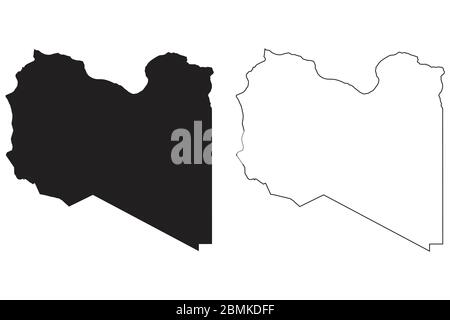 Mappa dei Paesi della Libia. Silhouette e profilo neri isolati su sfondo bianco. Vettore EPS Illustrazione Vettoriale