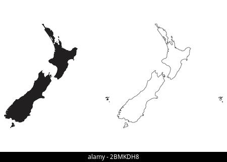 Mappa dei Paesi della Nuova Zelanda. Silhouette e profilo neri isolati su sfondo bianco. Vettore EPS Illustrazione Vettoriale