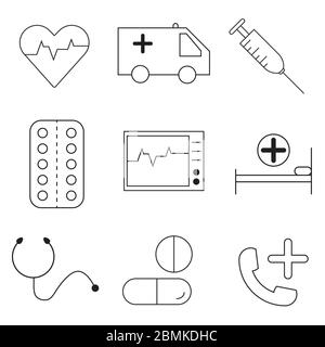 Set icone contorno nero per la cura medica. Vettore EPS Illustrazione Vettoriale