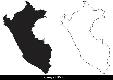 Perù Mappa di Paese. Silhouette e profilo neri isolati su sfondo bianco. Vettore EPS Illustrazione Vettoriale