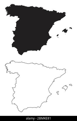 Spagna Mappa di Paese. Silhouette e profilo neri isolati su sfondo bianco. Vettore EPS Illustrazione Vettoriale