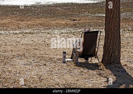 Umea, Norrland Svezia - 17 aprile 2020: La donna è seduta sotto un albero e prende il sole anche se c'è ancora neve Foto Stock