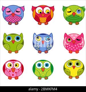 Set di nove cartoon divertente e carino vari gufi ovale isolata su uno sfondo bianco, vettore delinea come icone Illustrazione Vettoriale