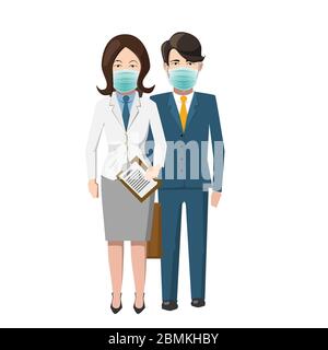 Carino coppia indossare verde maschera medica viso su bianco Illustrazione Vettoriale