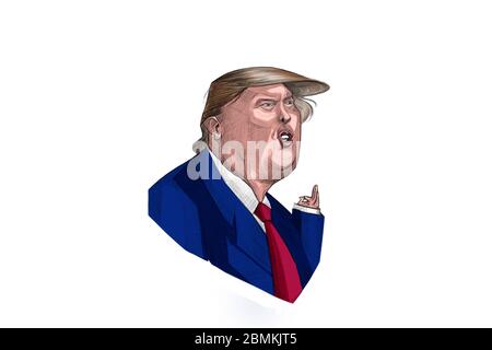 10 marzo 2020 - Caricatura di Cartoon ritratto di Donald Trump contro sfondo bianco. Illustrato da Joyett Fernandes, India Foto Stock