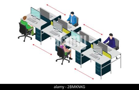 Social distancing nella workstation d'ufficio. I dipendenti lavorano insieme sulla scrivania per mantenere la distanza per il virus 19 covid. Illustrazione vettoriale di w Illustrazione Vettoriale