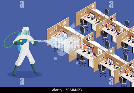 Sanitize Office for covid 19 virus disease. Disinfettante per ufficio e sensibilizzazione con spray comico nell'area della stazione di lavoro. Illustrazione vettoriale di Pest Illustrazione Vettoriale