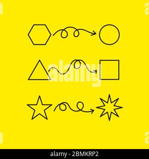 Concetto di trasformazione. Simbolo di sviluppo, evoluzione o cambiamento. Illustrazione per il coach di affari e lo psicologo. Elementi grafici: Cerchio, triangolo, stella con frecce tra di loro Illustrazione Vettoriale