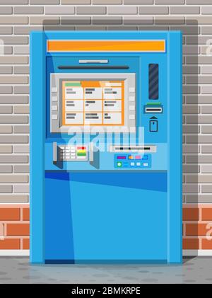 Sportello Bancomat sulla strada. Macchina automatica per la lavorazione del teller. Programmare il dispositivo elettronico per i pagamenti e prelevare contanti dalla carta di plastica. Industria economica, bancaria e finanziaria. Illustrazione vettoriale in stile piatto Illustrazione Vettoriale