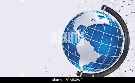 Connessioni di rete globali. Illustrazione 3D con globo, punti e linee su sfondo chiaro, spazio di copia Foto Stock