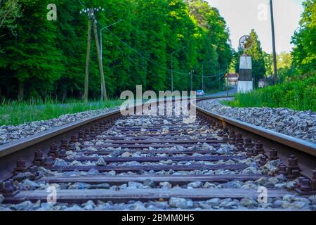 La ferrovia nel mezzo della foresta di primavera del giorno del mattino Foto Stock