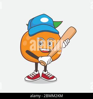 Un'illustrazione del personaggio di mascotte di frutta Mandarin che gioca a baseball Illustrazione Vettoriale